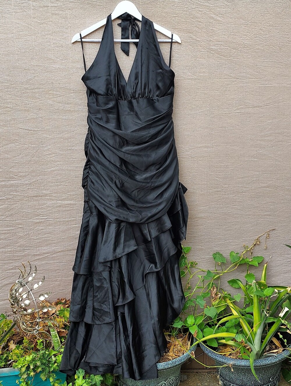 Black Halter Ruched Satin Dress